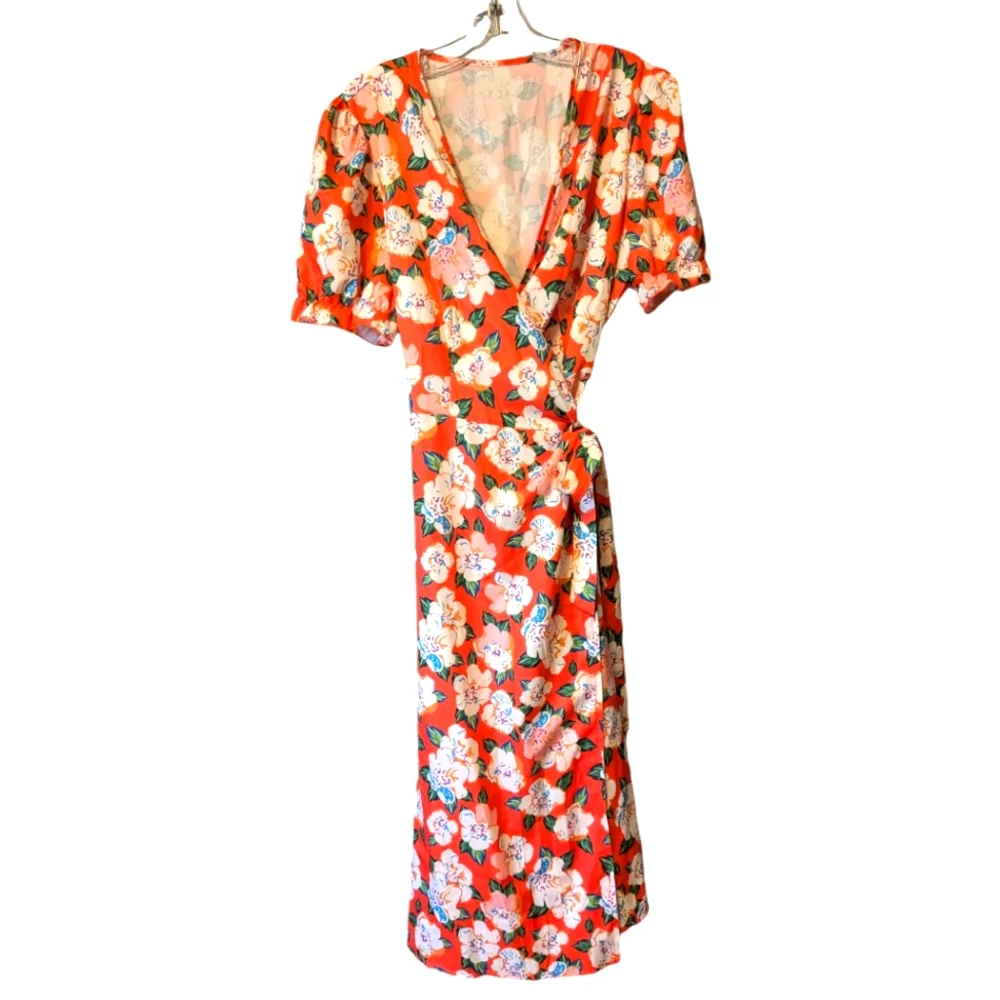 💥SALE💥 Romantic Orange Wrap Dress Floral Fluffy Sleeves Cross V Neck Sz L - Picture 5 of 10